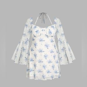 Cider Curve & Plus Floral Bell Sleeve Halter Knotted Mini Dress